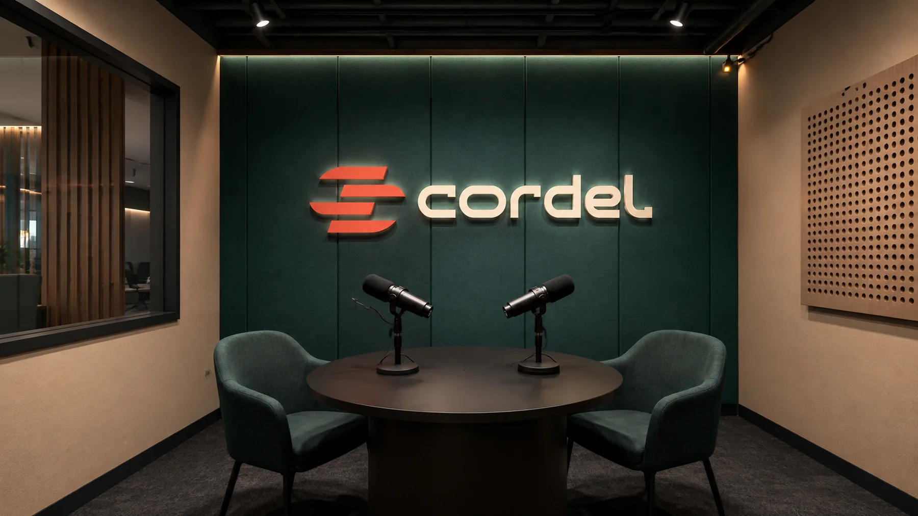 Estúdio de podcast com a marca Cordel