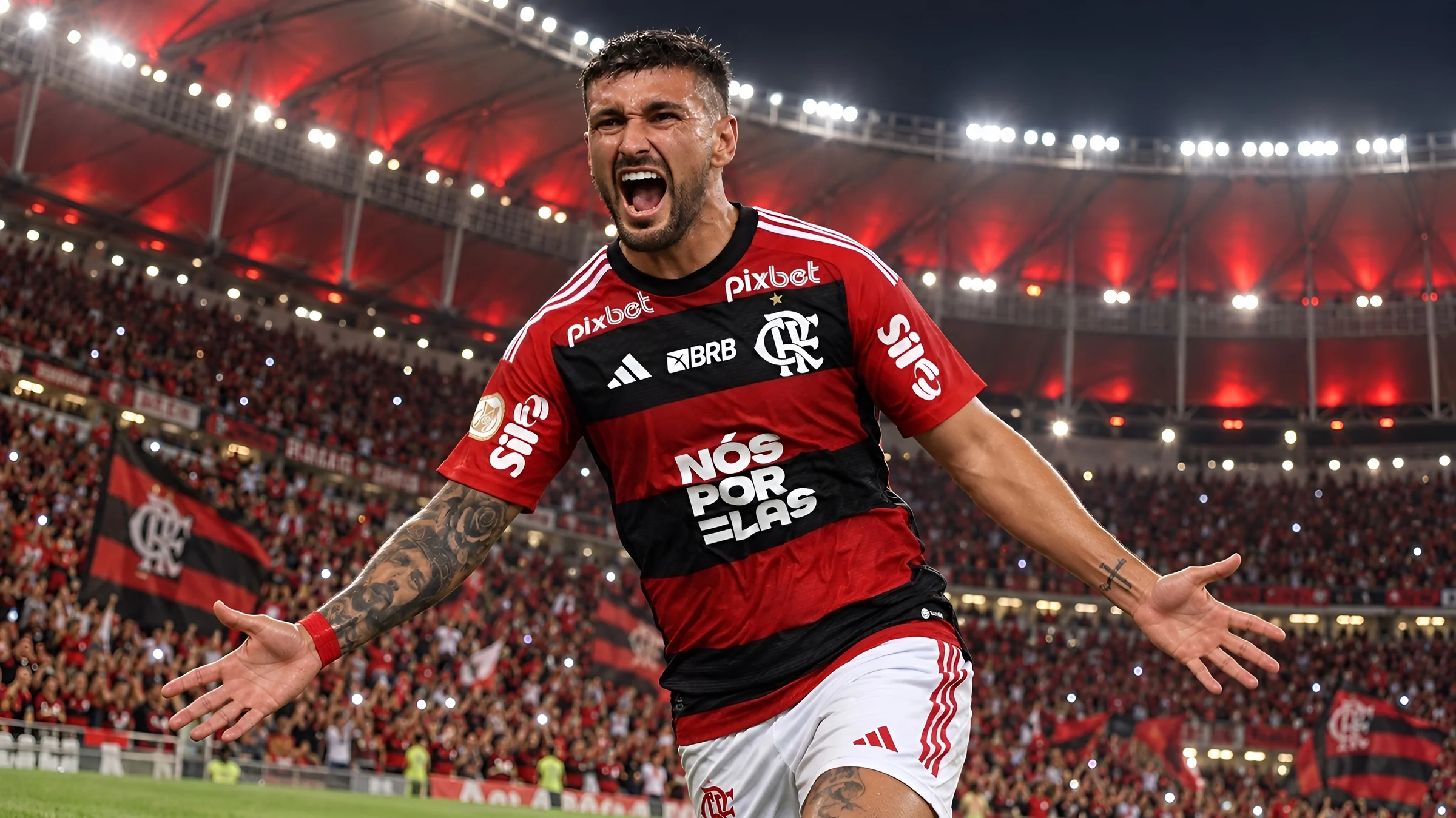Arrascaeta comemorando gol no Maracanã com a marca Nós por Elas na camisa do Flamengo